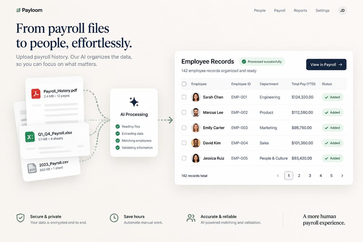 Payroll history documents organized into employee records through AI processing