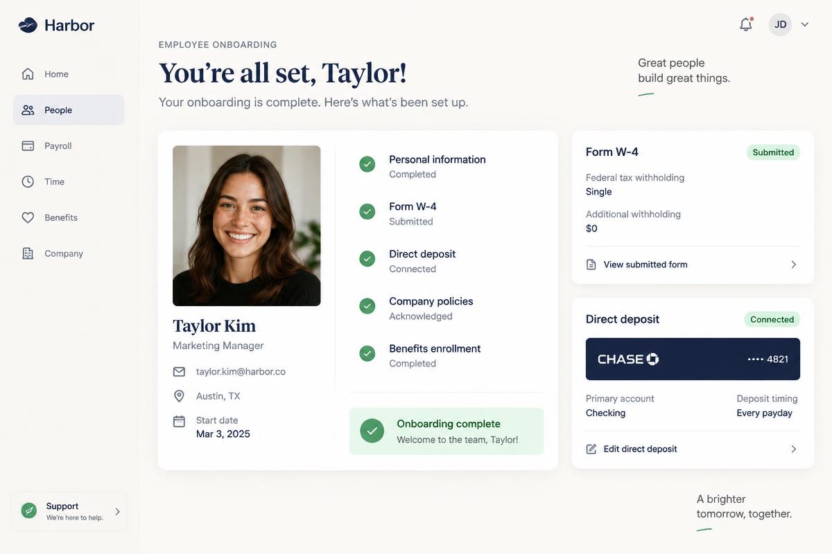 Employee onboarding profile with Form W-4 and connected direct deposit