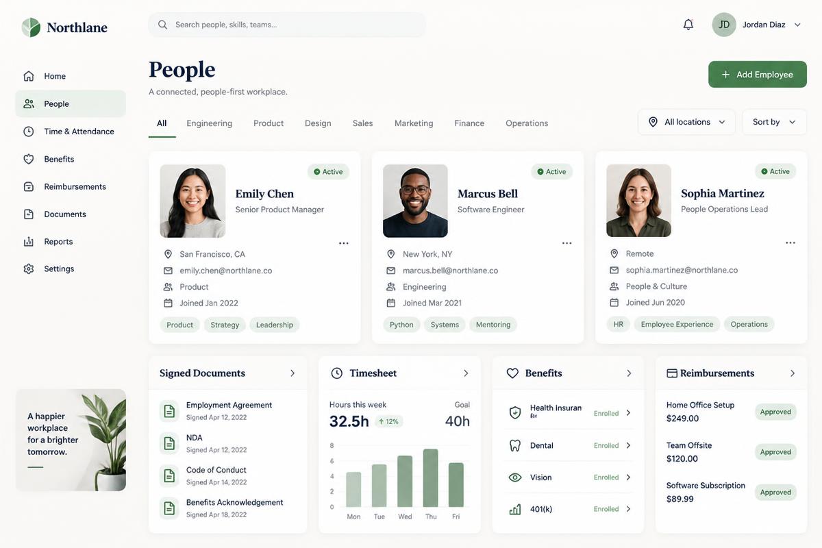 Employee profiles connected to documents, timesheets, and benefits